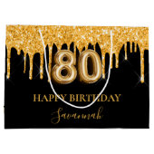 80歳の誕生日ブラック金ゴールドグリッタードライブ名 ラージペーパーバッグ (裏面)