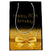 80歳の誕生日ブラック金ゴールドボウ ミディアムペーパーバッグ (正面)