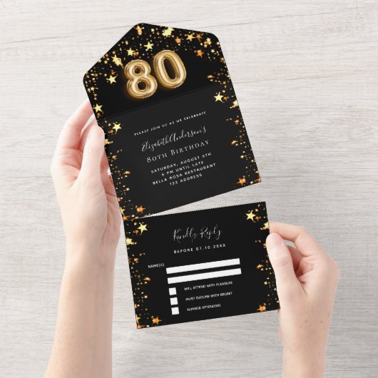 80歳の誕生日ブラック金ゴールド星rsvp オールインワン招待状 (貼ってはがせる)