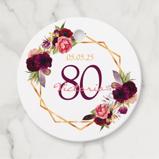 80歳の誕生日ホワイトフローラ金ゴールドジオブルゴーニュ名 フェイバータグ (正面)