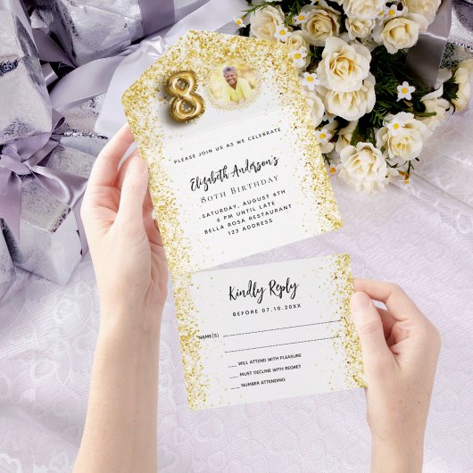 80歳の誕生日ホワイト金ゴールド写真パーティーRSVP オールインワン招待状