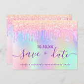 80歳の誕生日レインボーグリッターピンク日付を保存 ポストカード (正面/裏面)