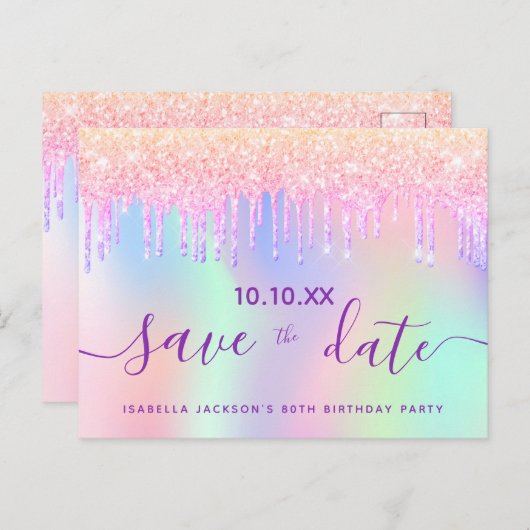 80歳の誕生日レインボーグリッターピンク日付を保存 ポストカード (正面/裏面)