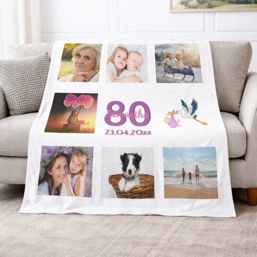 80歳の誕生日写真コラージュ 白 フリースブランケット