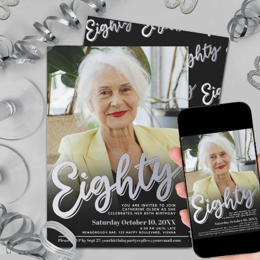 80歳の誕生日写真シルバー・エイティ・スクリプト・パーティー 招待状