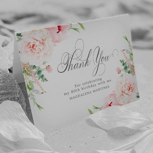 80歳の誕生日写真 ブッシュピンクの花 サンキューカード