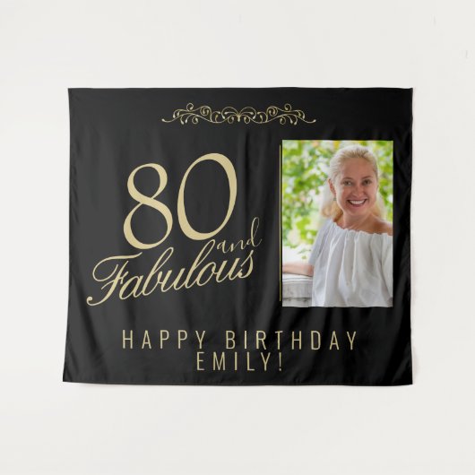 80歳の誕生日写真 黒の背景 タペストリー (正面(横))