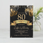 80歳の誕生日招待状テンプレート: ブラックゴールドボール 招待状 (スタンド正面)