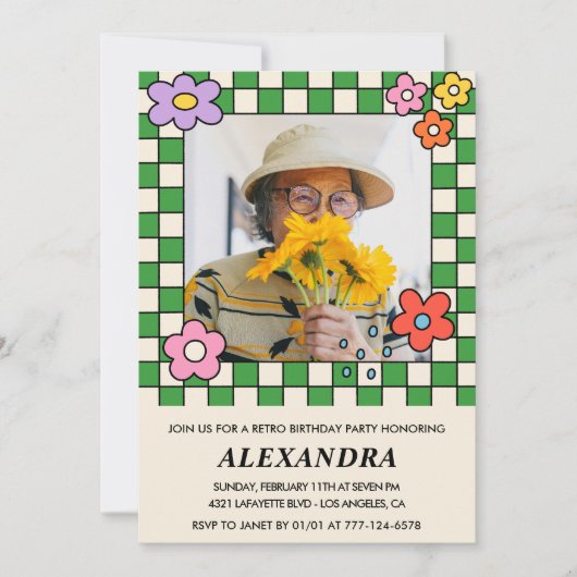 80歳の誕生日招待状レトロGroovy花 招待状 (正面)
