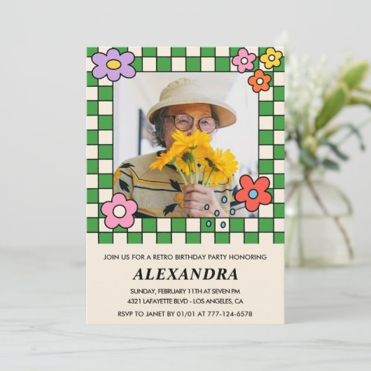 80歳の誕生日招待状レトロGroovy花 招待状 (スタンド正面)