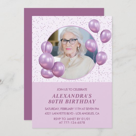 80歳の誕生日招待状風船フォトパープル 招待状 (正面/裏面)