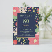 80歳の誕生日招待状 - ゴールド、エレガントな花 招待状 (スタンド正面)