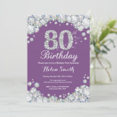 80歳の誕生日招待状 パープルとシルバーのダイヤモンド 招待状 (スタンド正面)