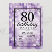 80歳の誕生日招待状 パープルグリッター 招待状 (正面/裏面)