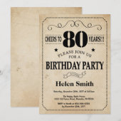 80歳の誕生日招待状　レトロな農村風 ヴィンテージスタイル 招待状 (正面/裏面)