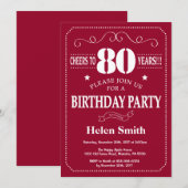 80歳の誕生日招待状 ワインレッドとホワイト 招待状 (正面/裏面)