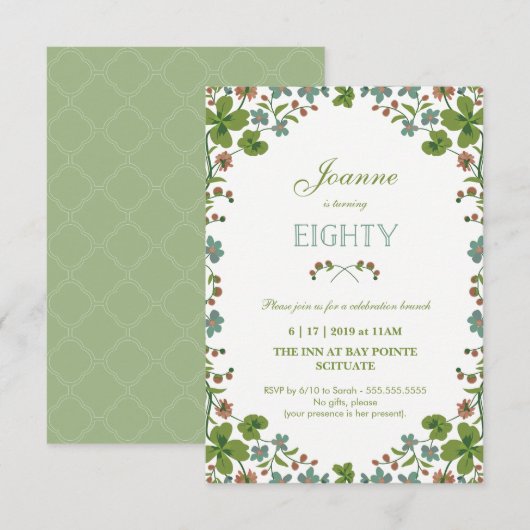 80歳の誕生日招待状 ヴィンテージ フラワー（小） 招待状 (正面/裏面)