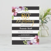 80歳の誕生日招待状 女性 フラワー ゴールド ブラック 招待状 (スタンド正面)