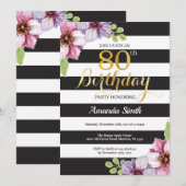80歳の誕生日招待状 女性 フラワー ゴールド ブラック 招待状 (正面/裏面)