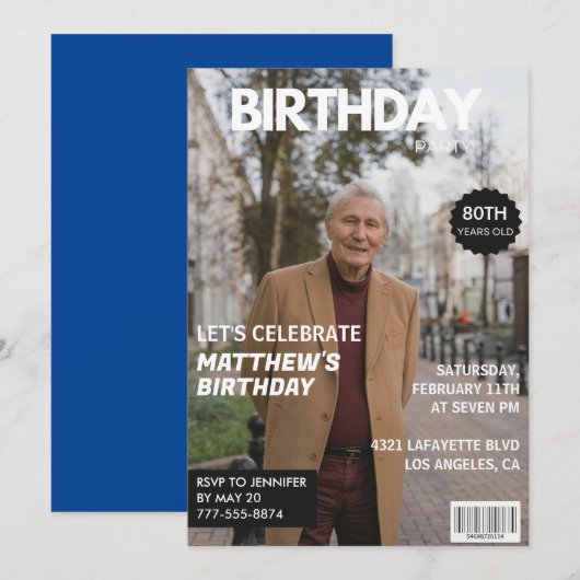 80歳の誕生日招待状 男性 彼 雑誌の表紙 招待状 (正面/裏面)
