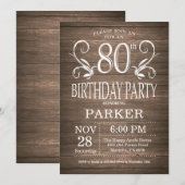 80歳の誕生日招待状　素朴な木材と花 招待状 (正面/裏面)