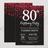 80歳の誕生日招待状 赤いグリッター 招待状 (正面/裏面)