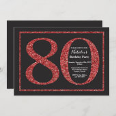 80歳の誕生日招待状 赤いグリッター 黒板 招待状 (正面/裏面)