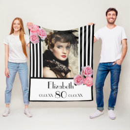 80歳の誕生日白黒ストライプピンク写真 フリースブランケット