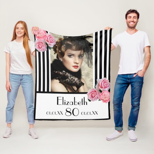 80歳の誕生日白黒ストライプピンク写真 フリースブランケット (インサイチュ)