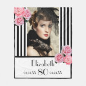 80歳の誕生日白黒ストライプピンク写真 フリースブランケット (正面)