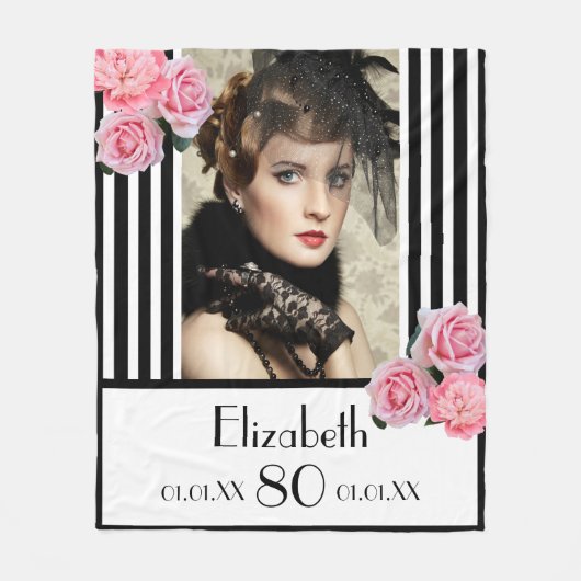 80歳の誕生日白黒ストライプピンク写真 フリースブランケット (正面)