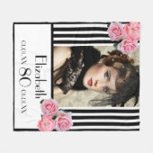 80歳の誕生日白黒ストライプピンク写真 フリースブランケット (正面(横))