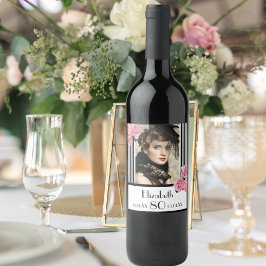 80歳の誕生日白黒ストライプフローラ写真 ワインラベル