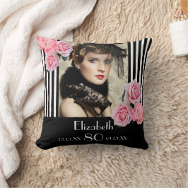 80歳の誕生日白黒ストライプ写真 クッション