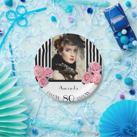 80歳の誕生日白黒ストライプ花模様写真 ペーパープレート (パーティー)