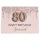 80歳の誕生日赤面ピンクグリッタードリップバラ金ゴールド ラージペーパーバッグ (正面)