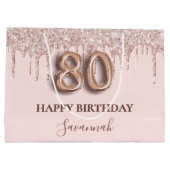 80歳の誕生日赤面ピンクグリッタードリップバラ金ゴールド ラージペーパーバッグ (裏面)