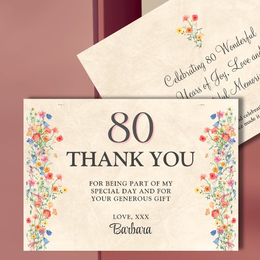 80歳の誕生日 お花のデザインの御礼 サンキューカード