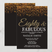 80歳の誕生日 エイティ アンド ファビュラス ゴールド グリッター 招待状 (正面/裏面)