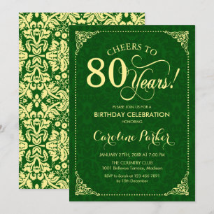 80歳の誕生日 - ゴールドグリーンのダマスク 招待状