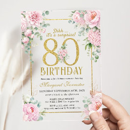 80歳の誕生日 ゴールドフレーム ピンクの花 女性らしく アクリル招待状