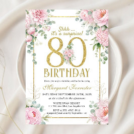 80歳の誕生日 ゴールドフレーム ピンクの花 女性らしく 招待状