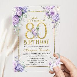 80歳の誕生日 ゴールドフレーム 紫の花 女性らしい アクリル招待状