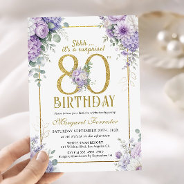 80歳の誕生日 ゴールドフレーム 紫の花 女性らしい 招待状
