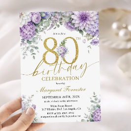 80歳の誕生日 ゴールドラメ入りダスティパープルフラワー 招待状