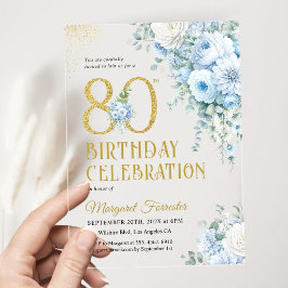 80歳の誕生日 ゴールドラメ ダスティブルーの花々 アクリル招待状