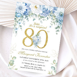 80歳の誕生日 ゴールド ダスティブルー フローラル サプライズ 招待状