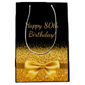 80歳の誕生日、シックブラックに金ゴールドボウ ミディアムペーパーバッグ (正面)