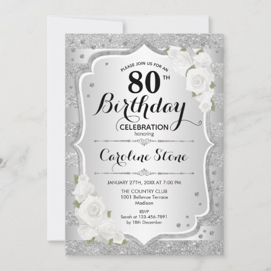 80歳の誕生日 - シルバーのストライプと白いバラ 招待状 (正面)