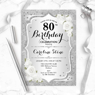 80歳の誕生日 - シルバーのストライプと白いバラ 招待状